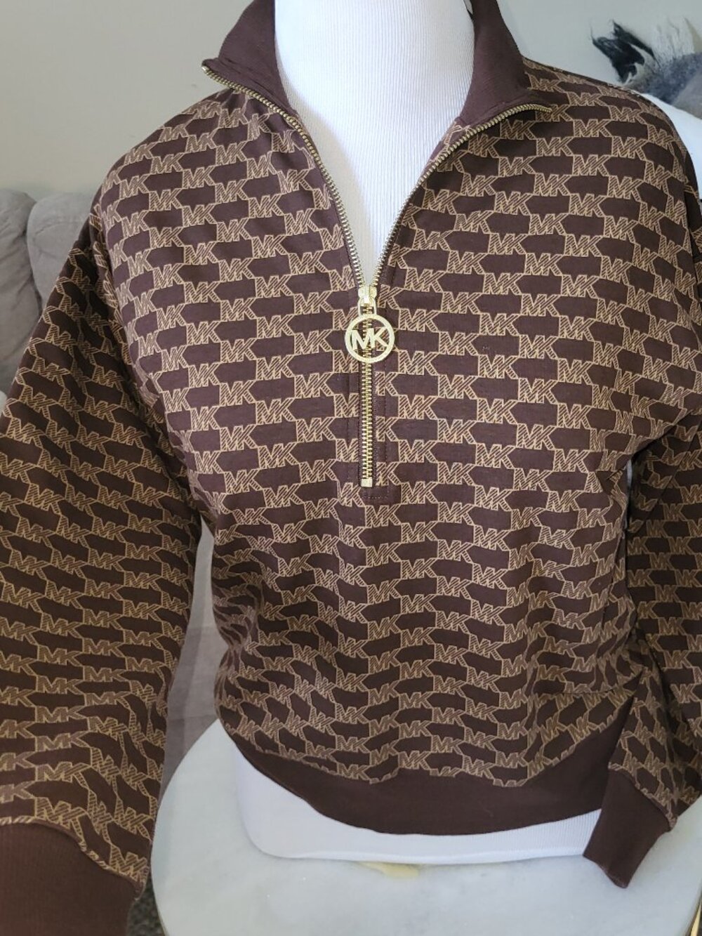NWT MK Women Long Sleeves Saddle Brown Monogram Sweatshirt Sz. Small Petite zip